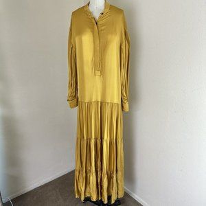 Heidi Merrick Dress Womens 8 Mustard Yellow Tiered Maxi‎ Silky Shirt Long Sleeve